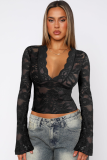 Sexy Deep V Slim Lace Long Sleeve Hot Girl Style Lace Top