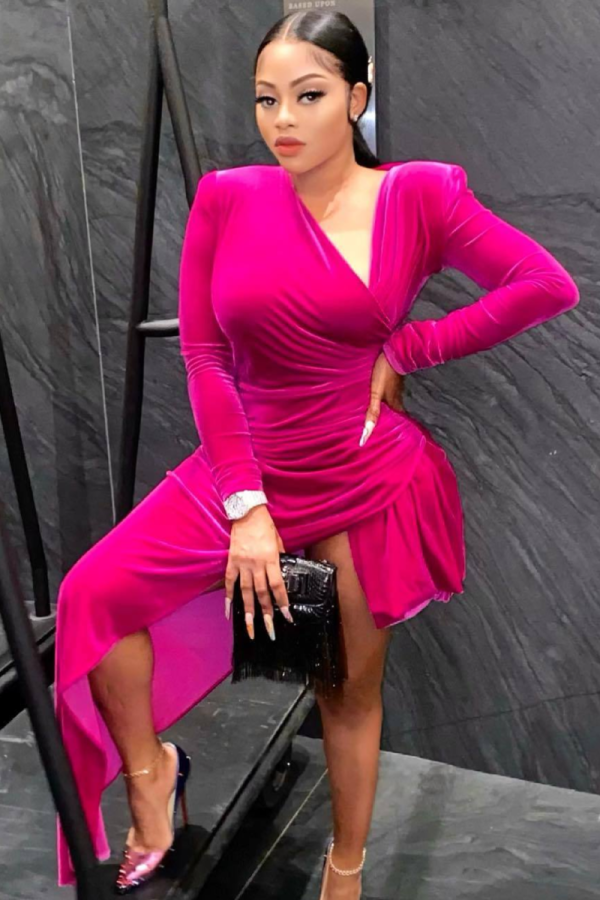 New Arrival Velvet Long Sleeve Asymmetric Low Cut Dress