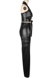 PU Leather Suit Sleeveless Halter Neck Sexy Leather Pants Two Piece Set