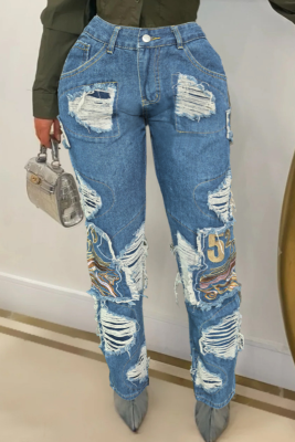 Blue Washed Pocket Workwear Distressed Embroidered Jeans