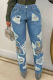 Blue Washed Pocket Workwear Distressed Embroidered Jeans