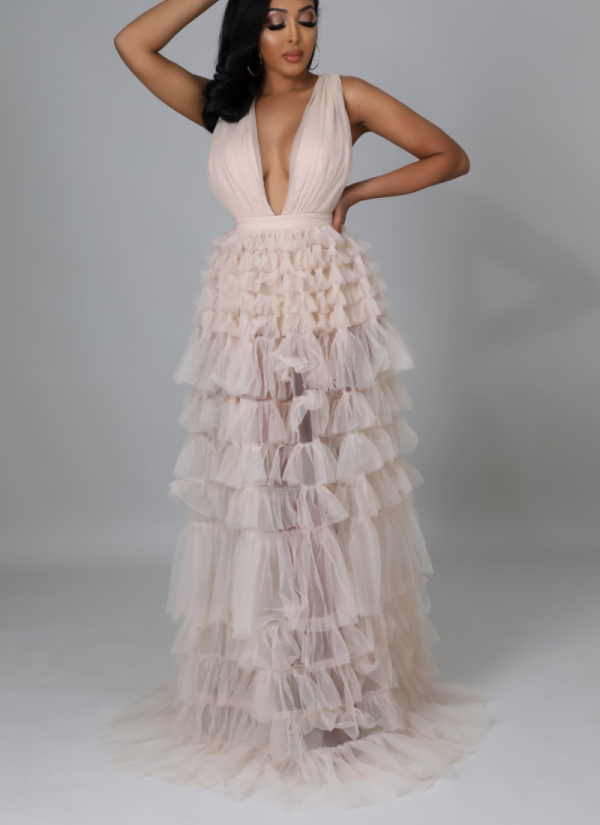 Sexy Suspender V-neck High-waisted Pleated Mesh Dress
