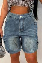 Blue Washed Pocket Denim Cargo Shorts