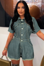 Blue Washed Pocket Single Breasted Women's Denim Jumpsuit