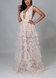 Sexy Suspender V-neck High-waisted Pleated Mesh Dress