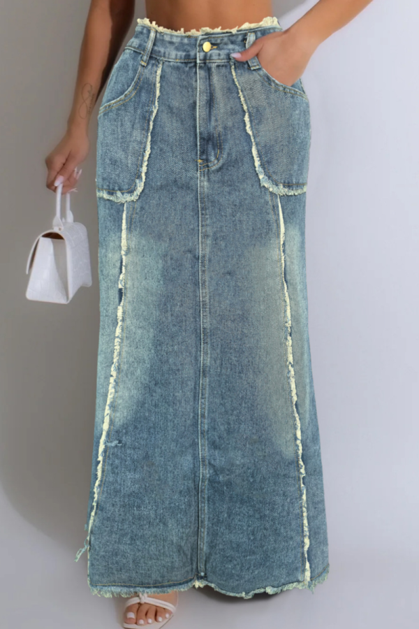 Blue Pocket Distressed Denim Straight Loose Denim Skirt