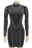 Black Fashionable Women'S Hot Diamond Bubble Beads Slim Dress