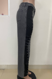 Dark Grey Hot Sale Splicing Two-Color Hollow Metal Small Ring Denim Flared Pants