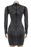 Black Fashionable Women'S Hot Diamond Bubble Beads Slim Dress