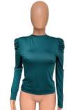 Casual O-Neck Solid Color Pleated Top