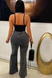 Dark Grey Hot Sale Splicing Two-Color Hollow Metal Small Ring Denim Flared Pants