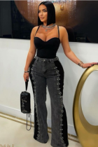 Dark Grey Hot Sale Splicing Two-Color Hollow Metal Small Ring Denim Flared Pants