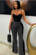 Dark Grey Hot Sale Splicing Two-Color Hollow Metal Small Ring Denim Flared Pants