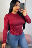 Casual O-Neck Solid Color Pleated Top