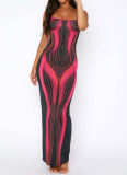 Sexy Slim Strapless Printed Striped Long Dress