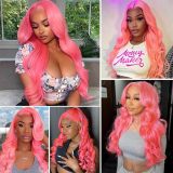 Women'S Front Lace Synthetic Wigs Pink Long Curly Hair Big Wave