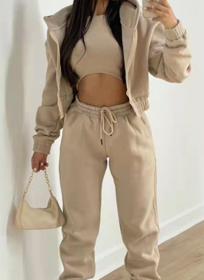 Fashionable Casual Trousers and Fleece Hooded Sweatshirt Sports Three-piece Set