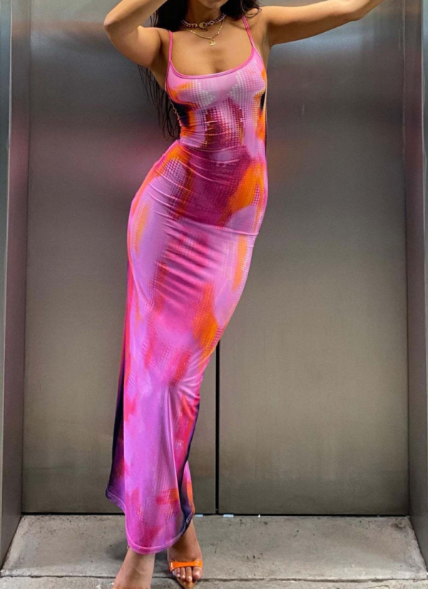 Sexy Slim Strapless Printed Striped Long Dress