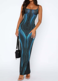 Sexy Slim Strapless Printed Striped Long Dress