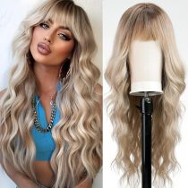 Women's Fashion Synthetic Wigs Brown Gradient Color Straight Bangs Long Curly Hair Water Ripple
