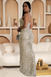 Sexy V-Neck See-Through Fan-Shaped Sequined Suspender Dress