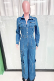 Loose Elastic Washed Long-Sleeved Workwear Denim Jumpsuit