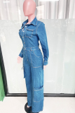 Loose Elastic Washed Long-Sleeved Workwear Denim Jumpsuit