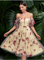 Sexy Mesh Butterfly Embroidered One-shoulder Dress