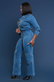 Loose Elastic Washed Long-Sleeved Workwear Denim Jumpsuit