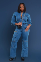 Loose Elastic Washed Long-Sleeved Workwear Denim Jumpsuit