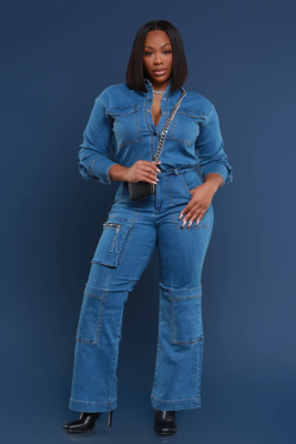 Loose Elastic Washed Long-Sleeved Workwear Denim Jumpsuit