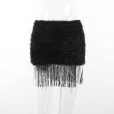 High-waisted Cross-print Fringed Furry Skirt