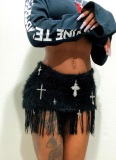 High-waisted Cross-print Fringed Furry Skirt