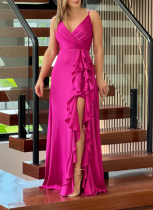 New Suspender V-neck High Waist Ruffled Irregular Slit Dress