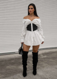 Stylish Contrast Color Slim Fit Boat Collar Shirt Dress
