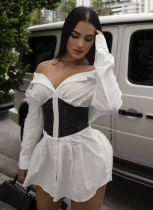 Stylish Contrast Color Slim Fit Boat Collar Shirt Dress