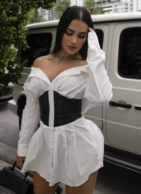 Stylish Contrast Color Slim Fit Boat Collar Shirt Dress