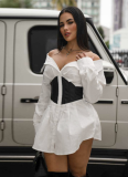Stylish Contrast Color Slim Fit Boat Collar Shirt Dress
