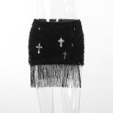 High-waisted Cross-print Fringed Furry Skirt