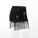 High-waisted Cross-print Fringed Furry Skirt