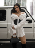 Stylish Contrast Color Slim Fit Boat Collar Shirt Dress