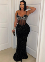 Sexy Suspender Velvet Sequined Hip-hugging Dress