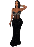 Sexy Suspender Velvet Sequined Hip-hugging Dress