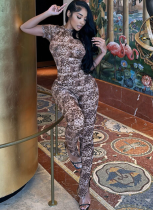 Sexy Backless Slim Fit Leopard Print Personalized Short-sleeved Jumpsuit