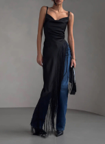 Sexy V-neck Backless Slim Fit Solid Color Long Suspender Top