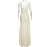 2025 New Sexy Slim V-neck Backless Suspender Long Mesh Dress