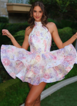 2025 Spring Printed Short Skirt Sexy Backless Halter Neck Slim Dress