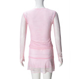 Hollow Navel Exposed Mesh See-through Two-piece Long-sleeved Short Skirt Set