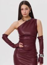 Sexy Tight-fitting Breast-hugging Pleated Hip-hugging Slit Leather Dress