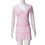 Hollow Navel Exposed Mesh See-through Two-piece Long-sleeved Short Skirt Set
